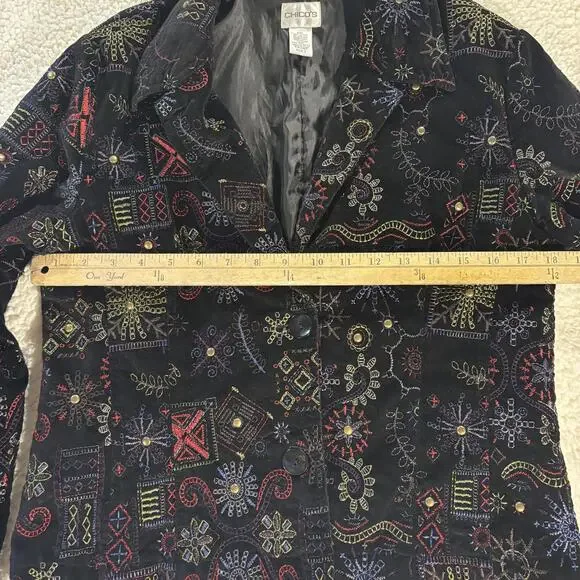VTG Chico’s 0 Black Embroidered Suede Jacket Colorful Cotton‎ Boho Artsy Artwear - Picture 5 of 7
